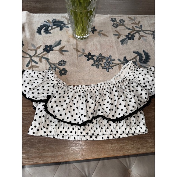 Suboo Polka Dot Crop Top Off Shoulder Ruffle Trim White Black XL - Picture 3 of 9